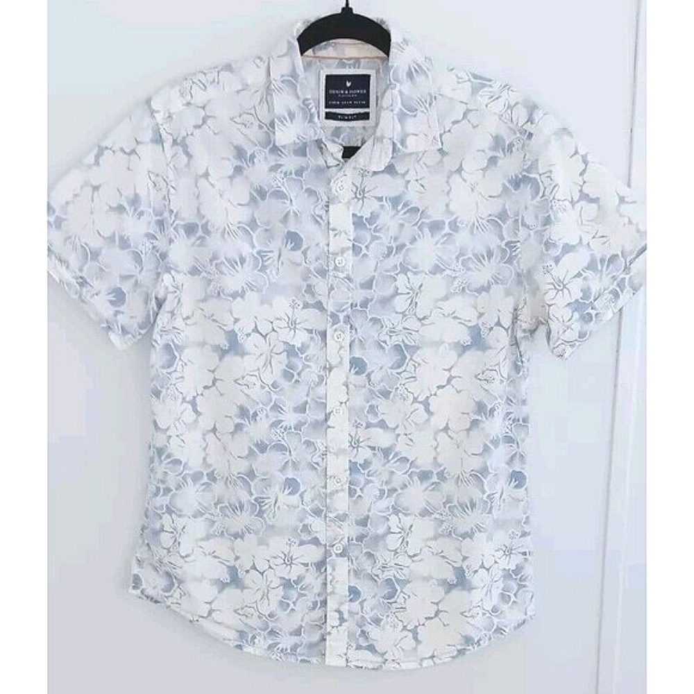 Men's Ricky Singh Denim And Flower Blue Floral Collared Button Shirt Size Medium